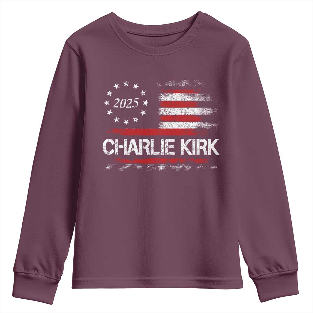 Charlie Kirk 2025 Youth Sweatshirt Freedom Vintage American Flag TS11 Maroon Print Your Wear