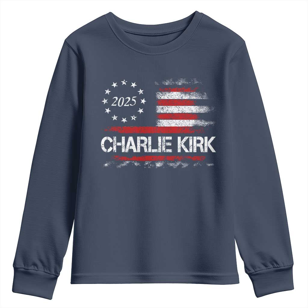 Charlie Kirk 2025 Youth Sweatshirt Freedom Vintage American Flag TS11 Navy Print Your Wear