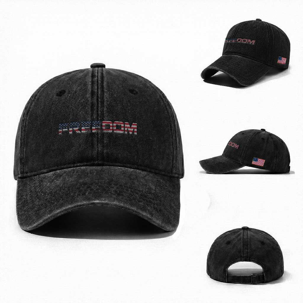 Freedom Patriotic Motivational Quote American Flag Washed Cotton Baseball Cap TS11 Washed Cap Universal Fit Black Print Your Wear