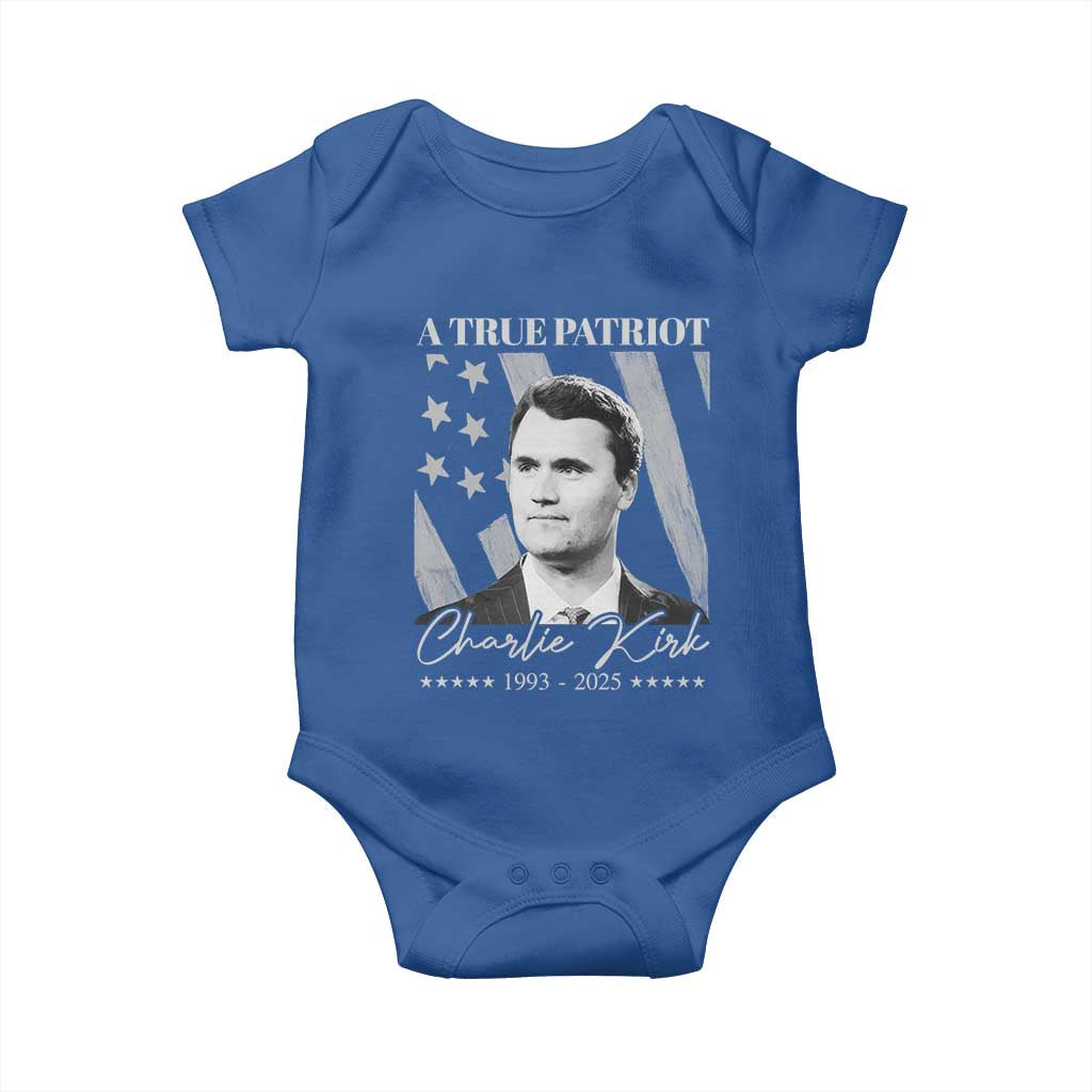 A True Patriot Charlie Kirk Baby Onesie Vintage American Flag TS11 Royal Blue Print Your Wear