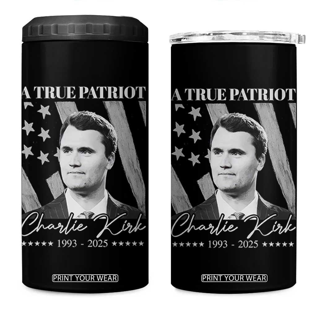 A True Patriot Charlie Kirk 4 in 1 Can Cooler Tumbler Vintage American Flag TS11 One Size: 16 oz Black Print Your Wear