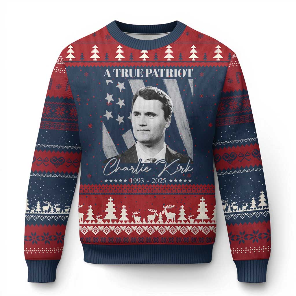 A True Patriot Charlie Kirk Ugly Christmas Sweater Vintage American Flag TS11 Navy Red Print Your Wear