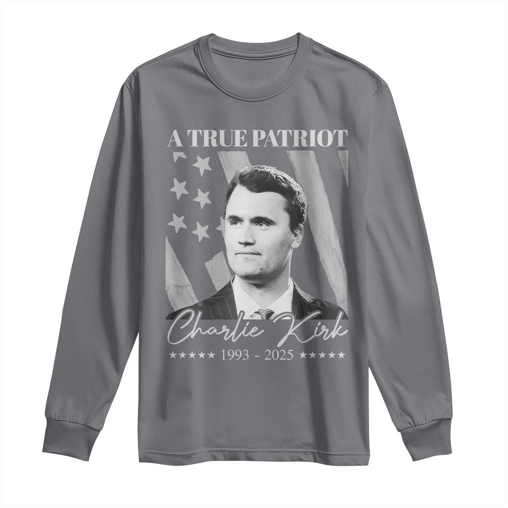 A True Patriot Charlie Kirk Long Sleeve Shirt Vintage American Flag TS11 Charcoal Print Your Wear