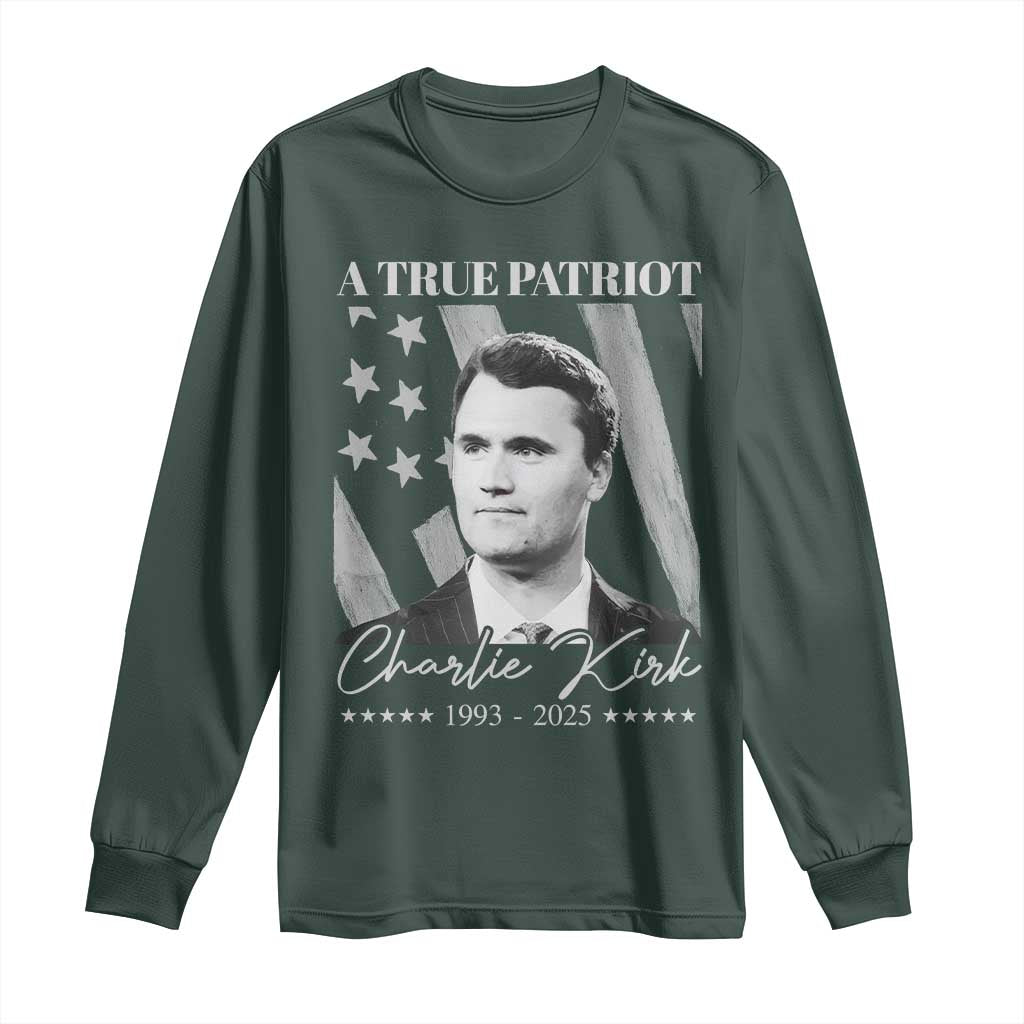 A True Patriot Charlie Kirk Long Sleeve Shirt Vintage American Flag TS11 Dark Forest Green Print Your Wear