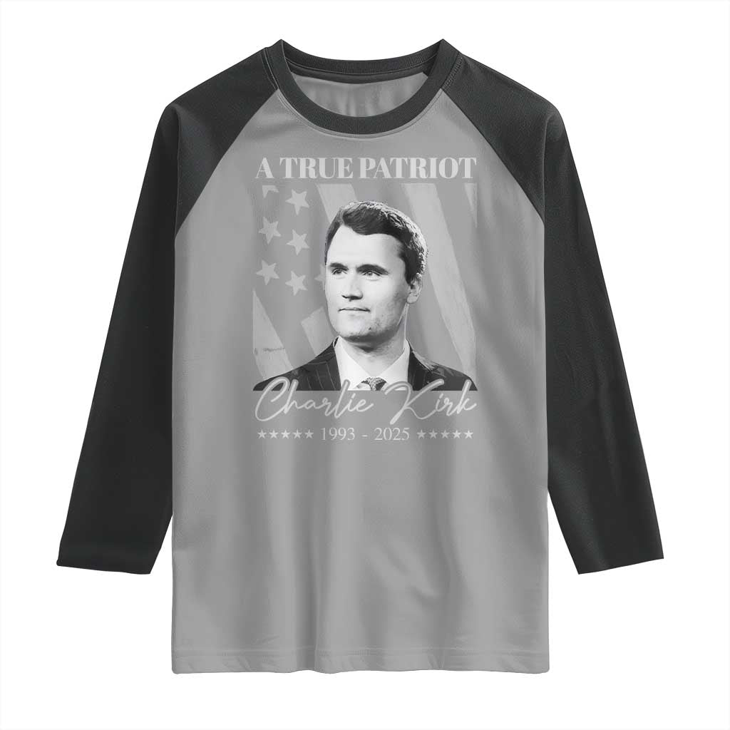 A True Patriot Charlie Kirk Raglan Shirt Vintage American Flag TS11 Sport Gray Black Print Your Wear