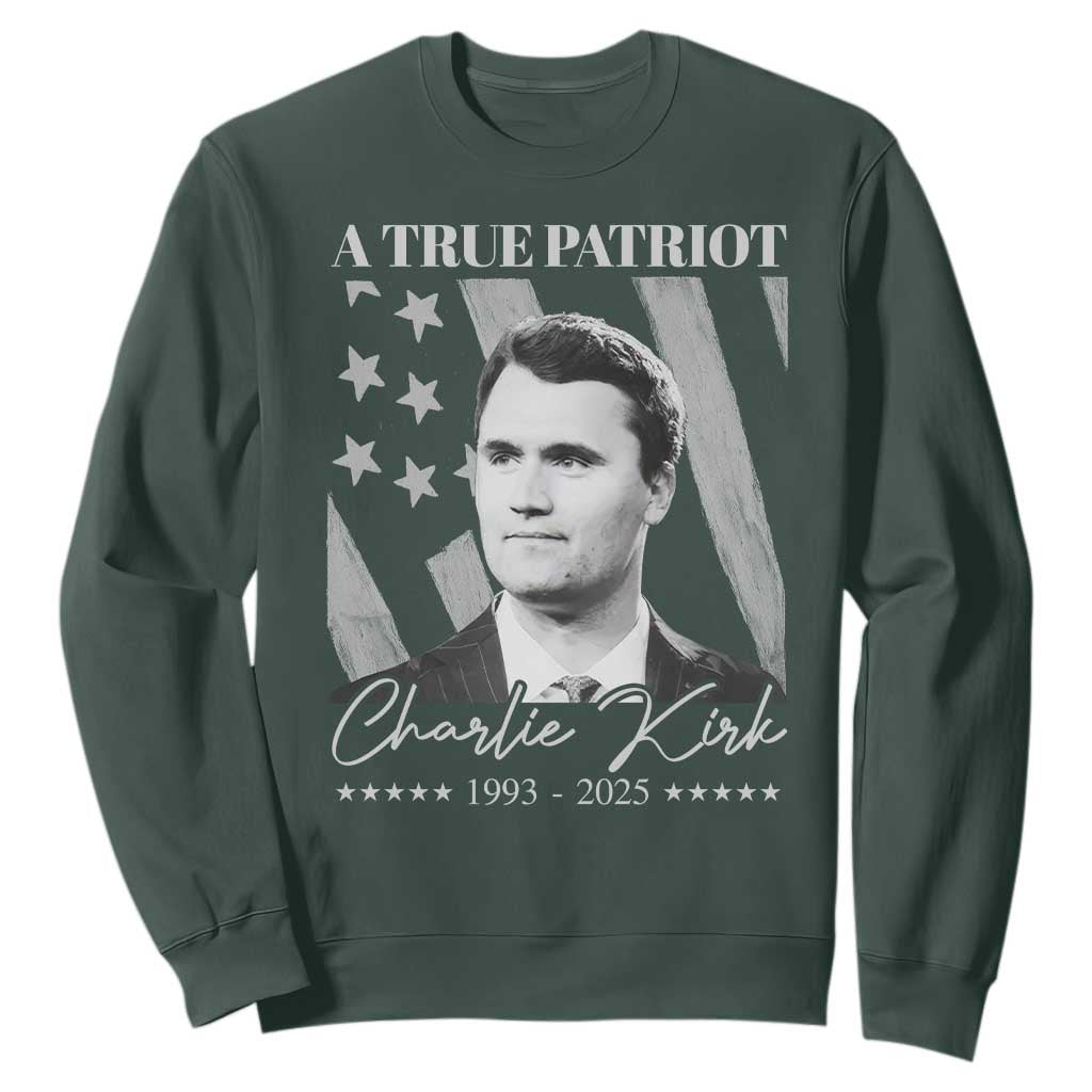 A True Patriot Charlie Kirk Sweatshirt Vintage American Flag TS11 Dark Forest Green Print Your Wear
