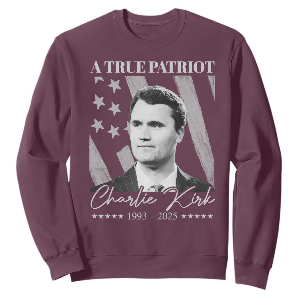 A True Patriot Charlie Kirk Sweatshirt Vintage American Flag TS11 Maroon Print Your Wear
