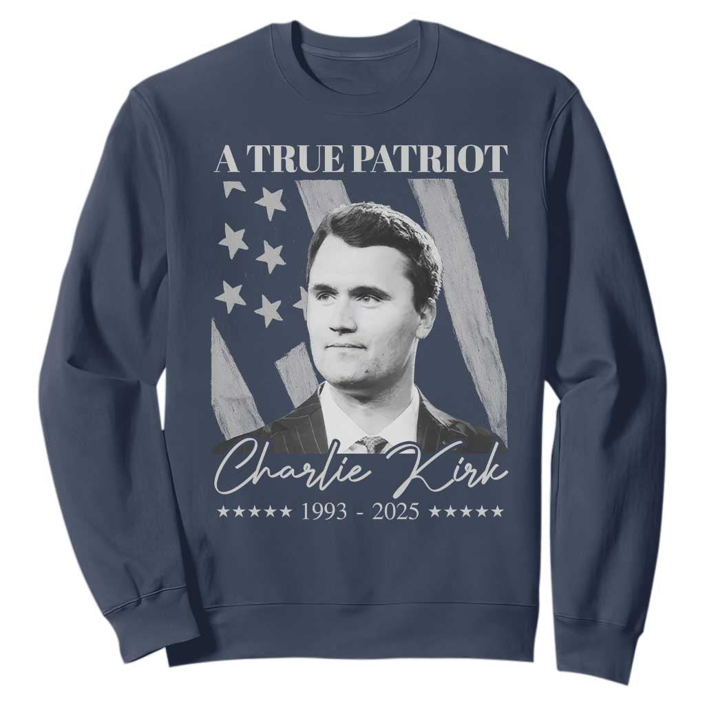 A True Patriot Charlie Kirk Sweatshirt Vintage American Flag TS11 Navy Print Your Wear