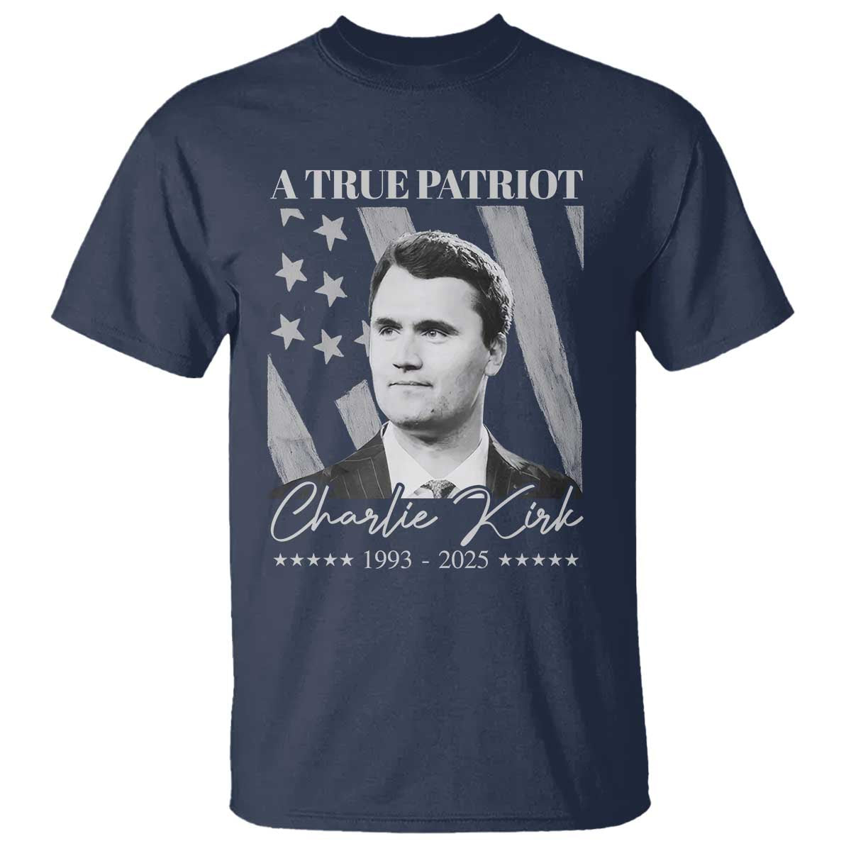 A True Patriot Charlie Kirk T Shirt Vintage American Flag TS11 Navy Print Your Wear