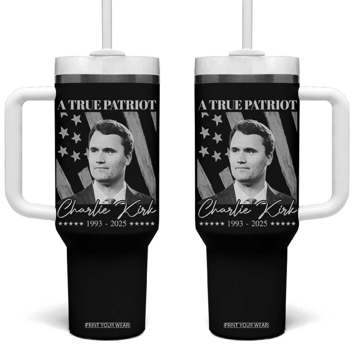 A True Patriot Charlie Kirk Tumbler With Handle Vintage American Flag TS11 One Size: 40 oz Black Print Your Wear