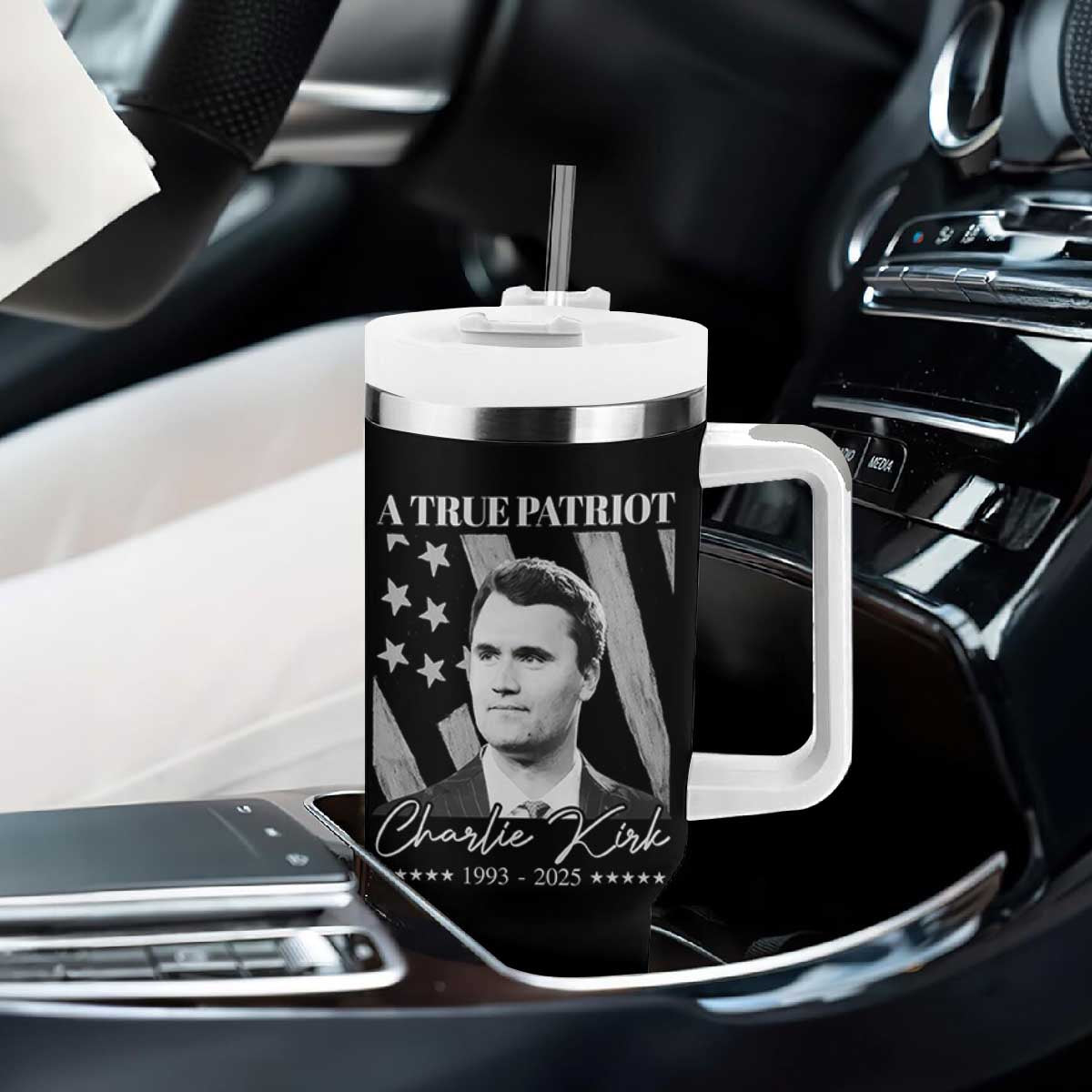 A True Patriot Charlie Kirk Tumbler With Handle Vintage American Flag TS11 Print Your Wear