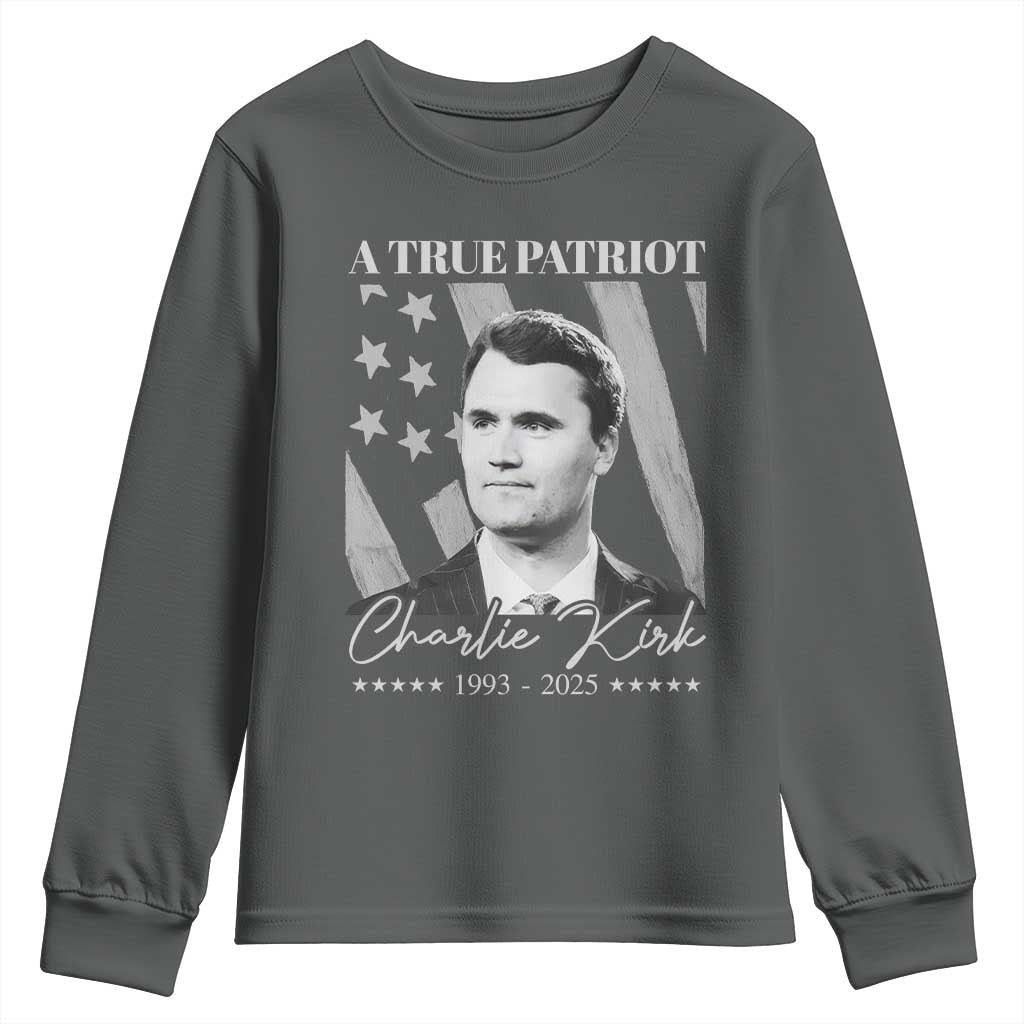A True Patriot Charlie Kirk Youth Sweatshirt Vintage American Flag TS11 Dark Heather Print Your Wear