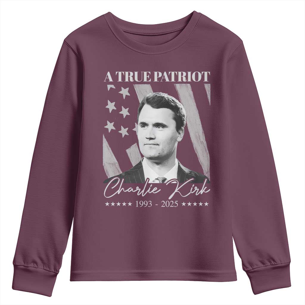 A True Patriot Charlie Kirk Youth Sweatshirt Vintage American Flag TS11 Maroon Print Your Wear