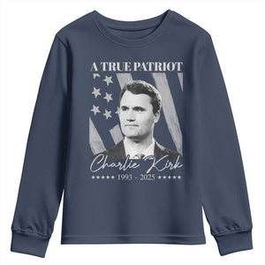A True Patriot Charlie Kirk Youth Sweatshirt Vintage American Flag TS11 Navy Print Your Wear
