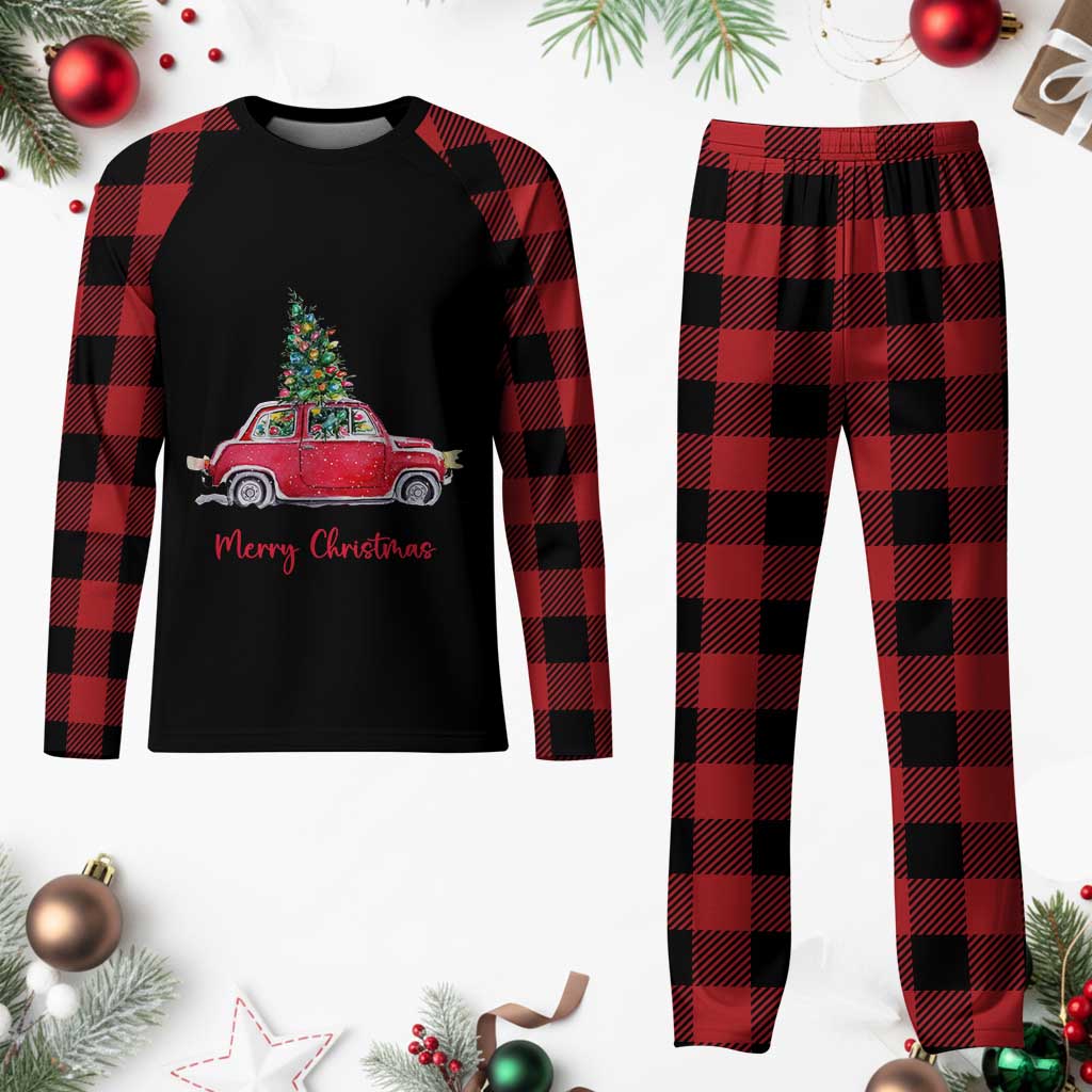 Merry Christmas Plaid Pajama Set Vintage Xmas Tree Car TS11 Buffalo Plaid Print Your Wear