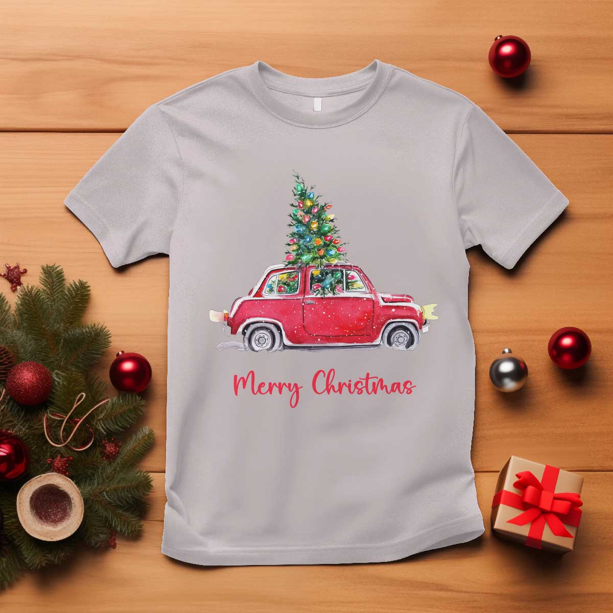 Merry Christmas T Shirt Vintage Xmas Tree Car TS11 Ice Gray Print Your Wear