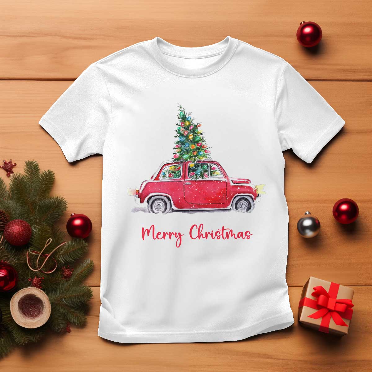 Merry Christmas T Shirt Vintage Xmas Tree Car TS11 White Print Your Wear
