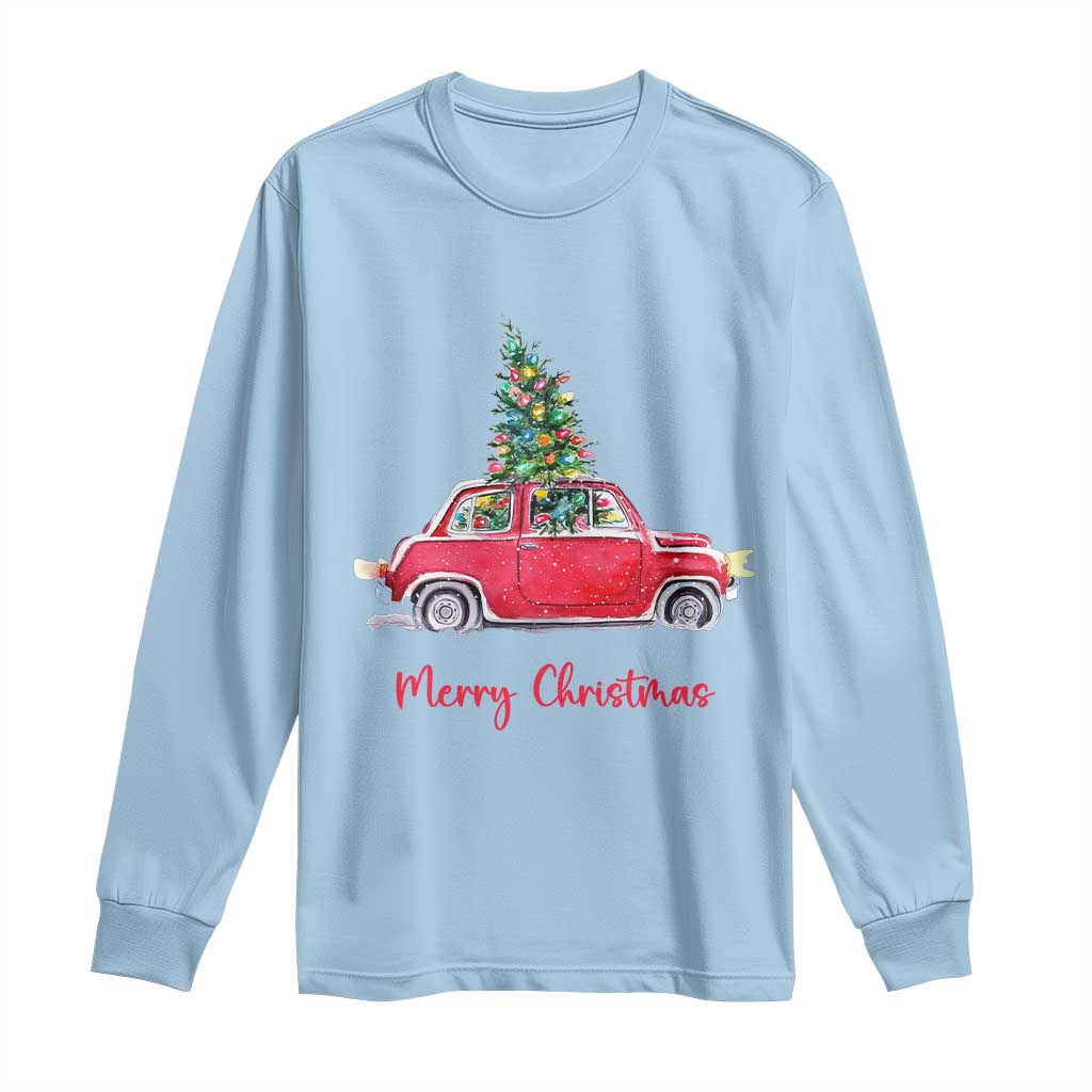 Merry Christmas Long Sleeve Shirt Vintage Xmas Tree Car TS11 Light Blue Print Your Wear