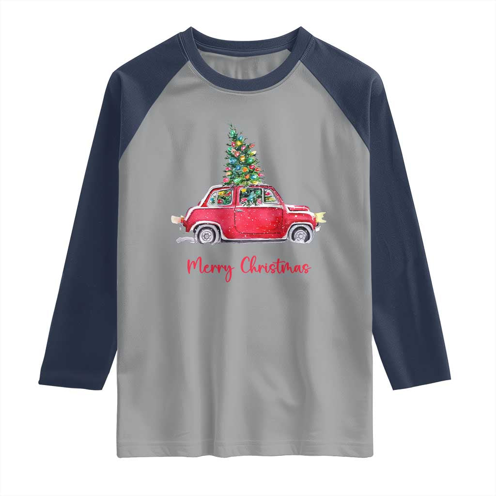 Merry Christmas Raglan Shirt Vintage Xmas Tree Car TS11 Sport Gray Navy Print Your Wear