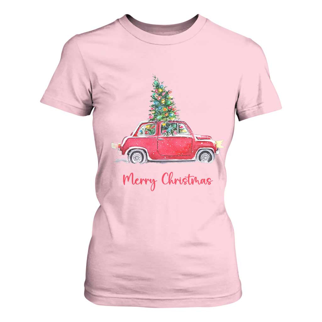 Merry Christmas T Shirt For Women Vintage Xmas Tree Car TS11 Light Pink Print Your Wear