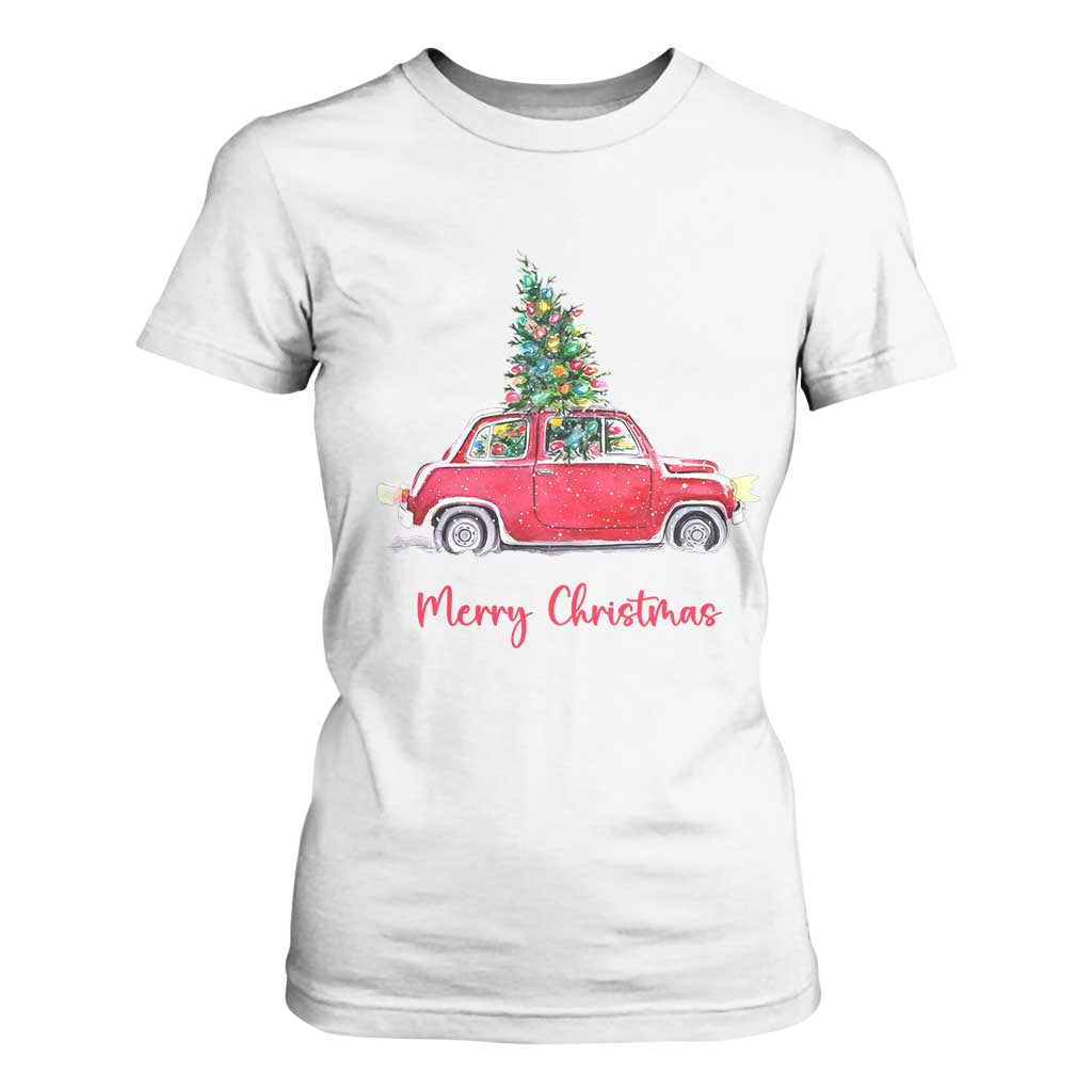 Merry Christmas T Shirt For Women Vintage Xmas Tree Car TS11 White Print Your Wear