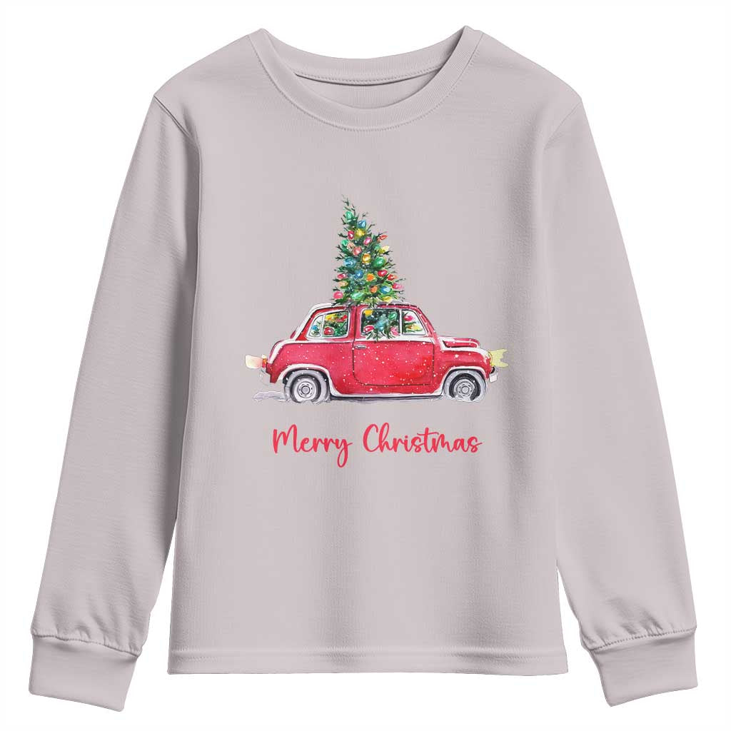 Merry Christmas Youth Sweatshirt Vintage Xmas Tree Car TS11 Ice Gray Print Your Wear