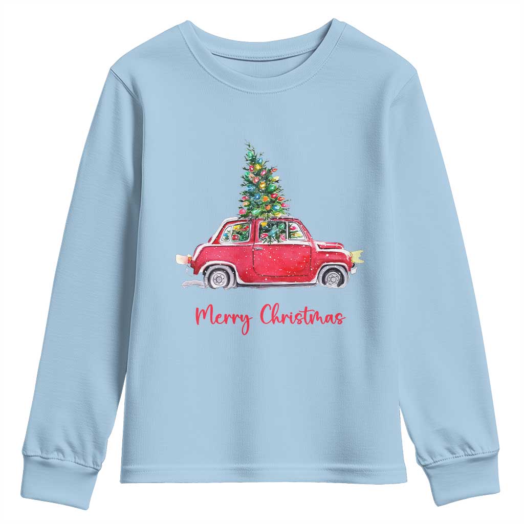 Merry Christmas Youth Sweatshirt Vintage Xmas Tree Car TS11 Light Blue Print Your Wear