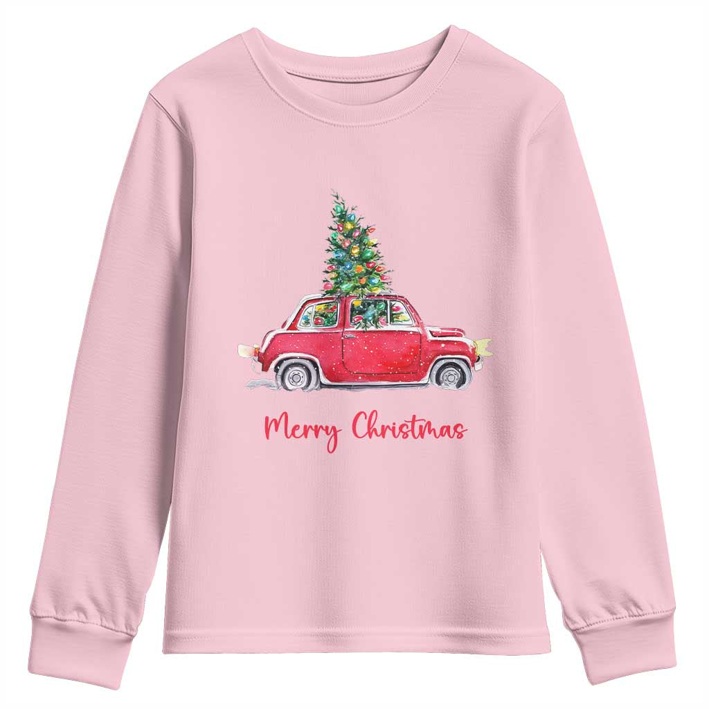 Merry Christmas Youth Sweatshirt Vintage Xmas Tree Car TS11 Light Pink Print Your Wear