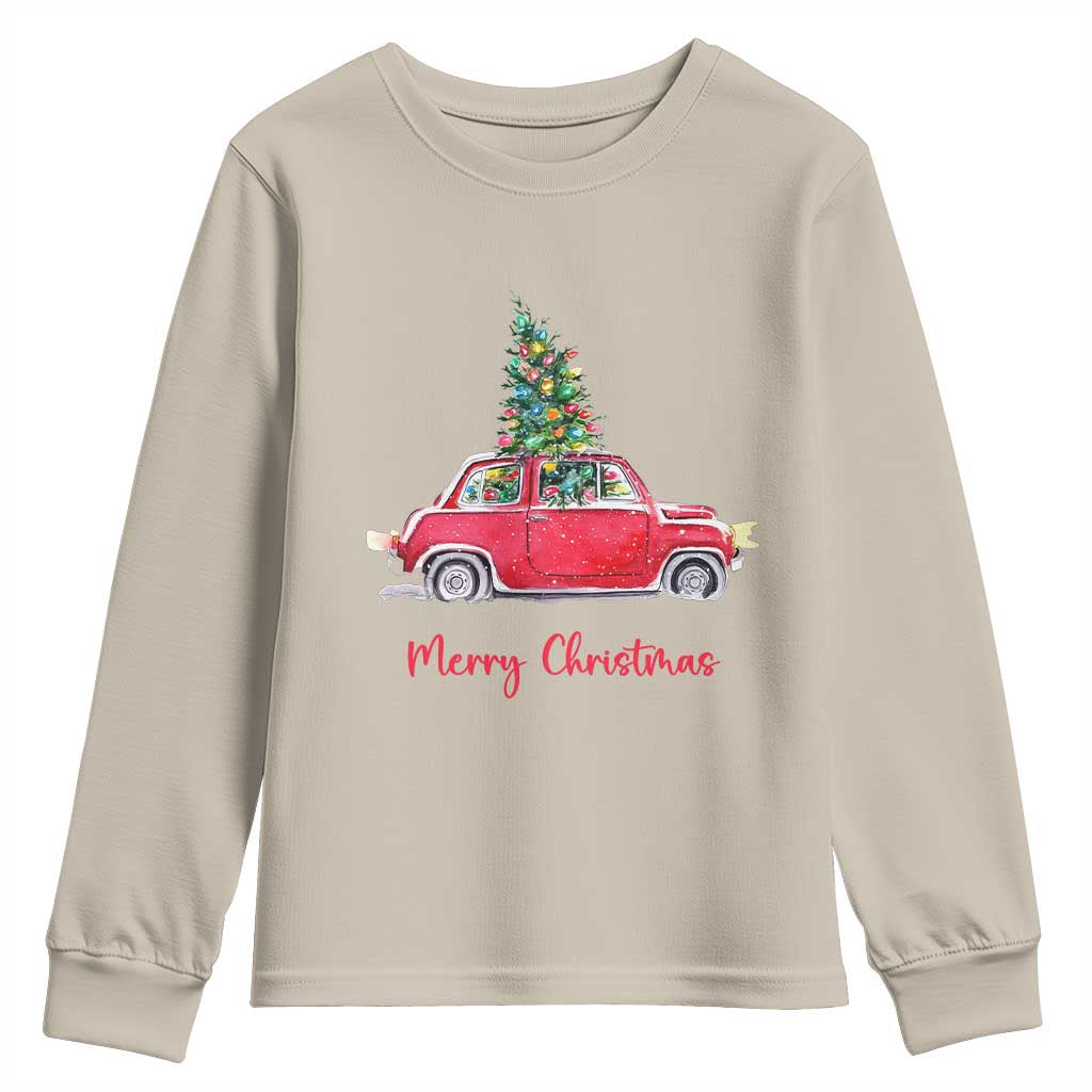 Merry Christmas Youth Sweatshirt Vintage Xmas Tree Car TS11 Sand Print Your Wear