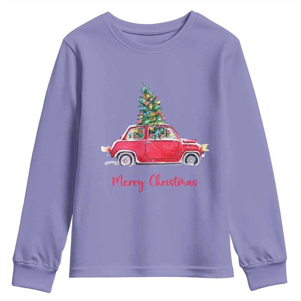Merry Christmas Youth Sweatshirt Vintage Xmas Tree Car TS11 Violet Print Your Wear