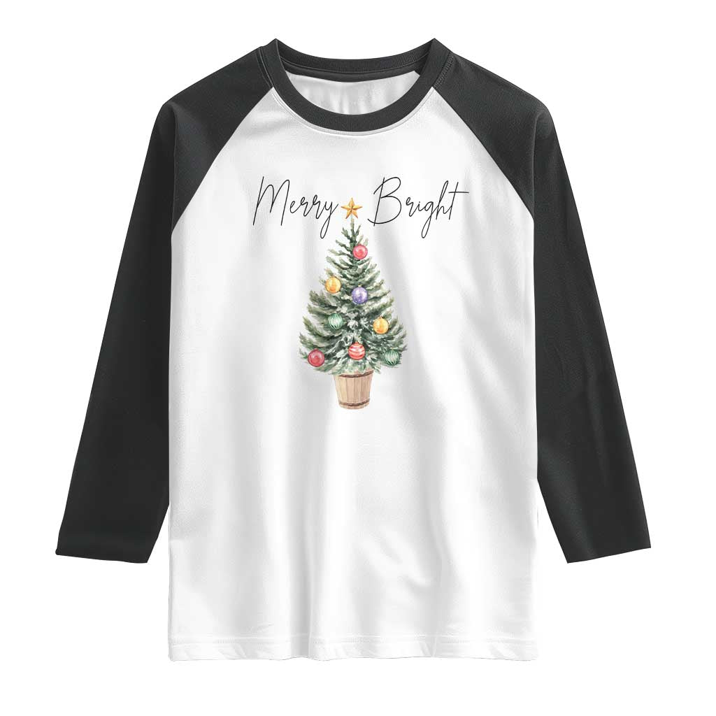Christmas Raglan Shirt Merry And Bright Retro Xmas Tree TS11 White Black Print Your Wear