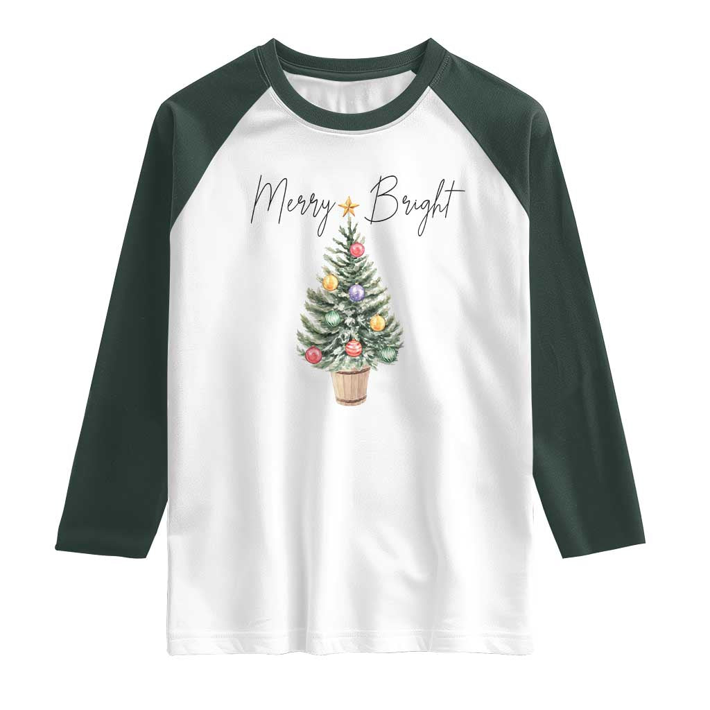 Christmas Raglan Shirt Merry And Bright Retro Xmas Tree TS11 White Dark Forest Green Print Your Wear