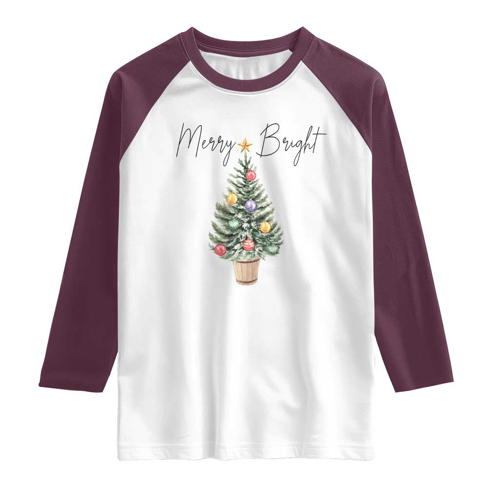 Christmas Raglan Shirt Merry And Bright Retro Xmas Tree TS11 White Maroon Print Your Wear