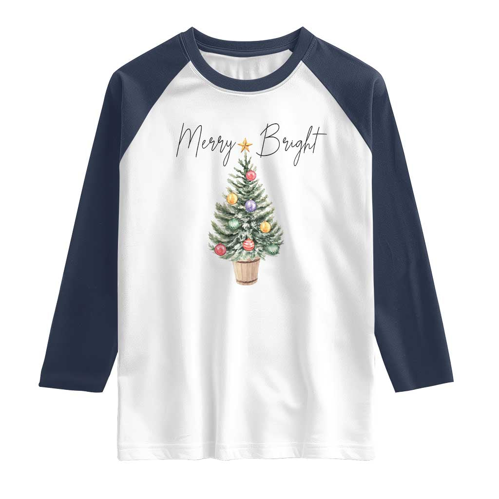 Christmas Raglan Shirt Merry And Bright Retro Xmas Tree TS11 White Navy Print Your Wear
