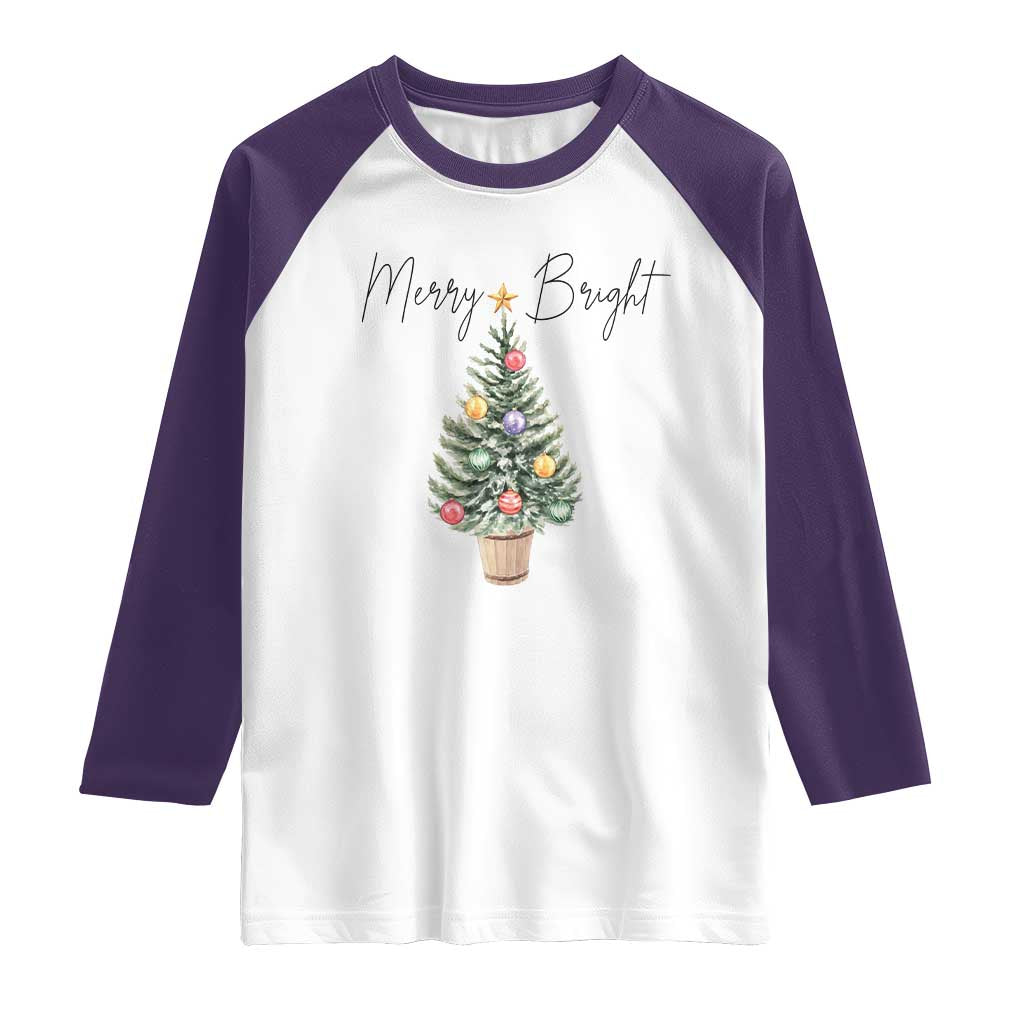 Christmas Raglan Shirt Merry And Bright Retro Xmas Tree TS11 White Purple Print Your Wear