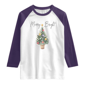 Christmas Raglan Shirt Merry And Bright Retro Xmas Tree TS11 White Purple Print Your Wear