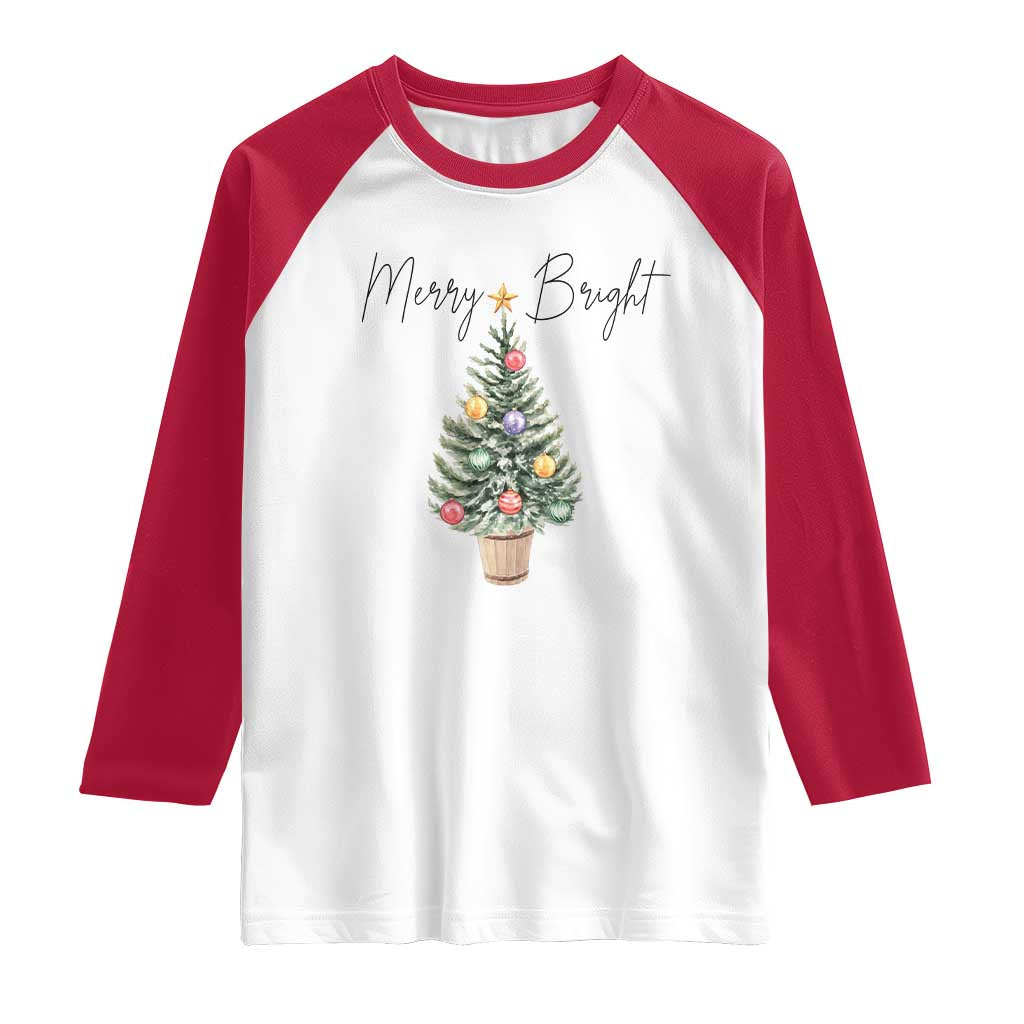 Christmas Raglan Shirt Merry And Bright Retro Xmas Tree TS11 White Red Print Your Wear