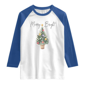 Christmas Raglan Shirt Merry And Bright Retro Xmas Tree TS11 White Royal Print Your Wear