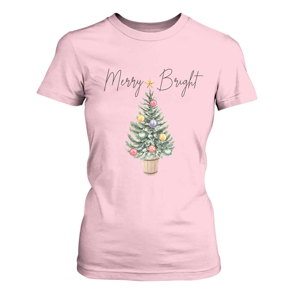 Christmas T Shirt For Women Merry And Bright Retro Xmas Tree TS11 Light Pink Print Your Wear