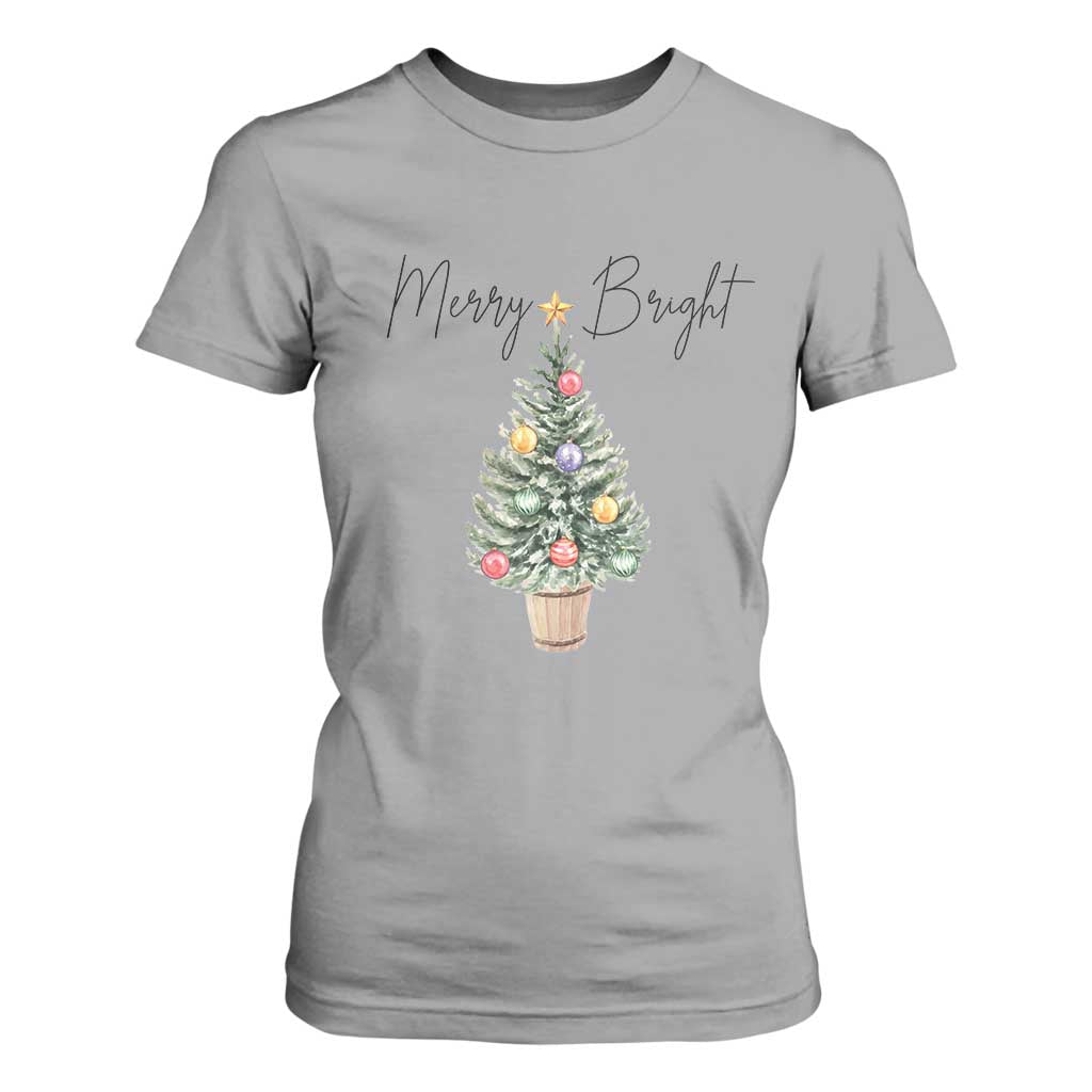 Christmas T Shirt For Women Merry And Bright Retro Xmas Tree TS11 Sport Gray Print Your Wear