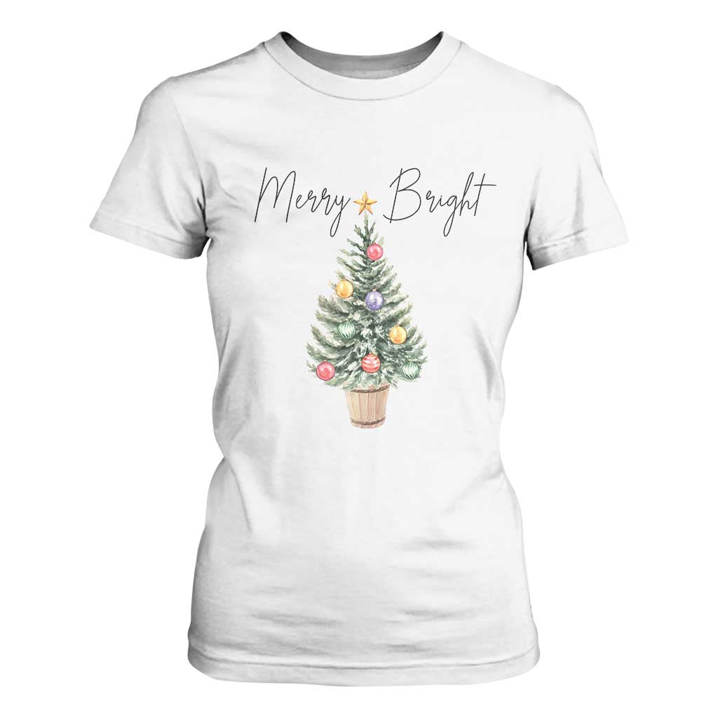 Christmas T Shirt For Women Merry And Bright Retro Xmas Tree TS11 White Print Your Wear