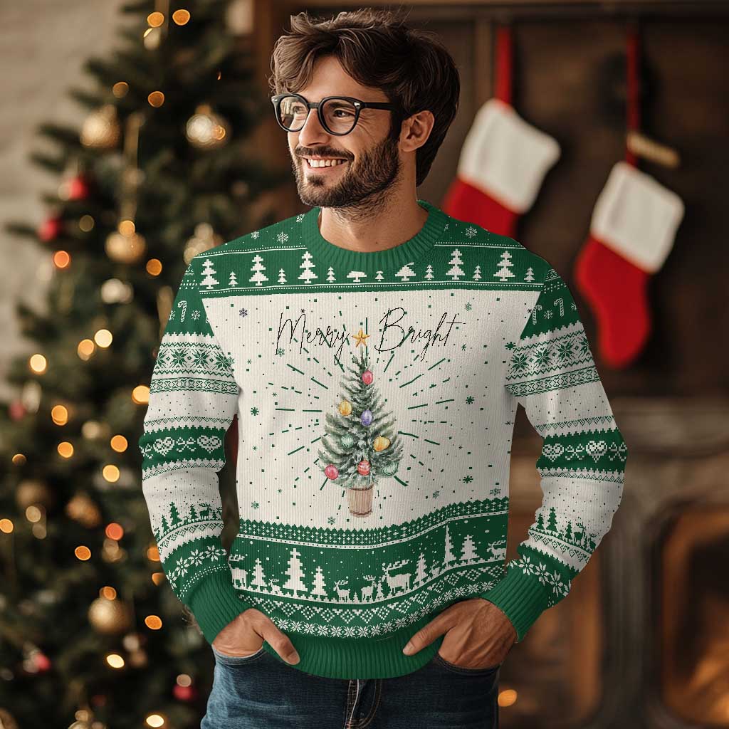 Xmas Ugly Christmas Sweater Merry And Bright Retro Xmas Tree TS11 Green Print Your Wear