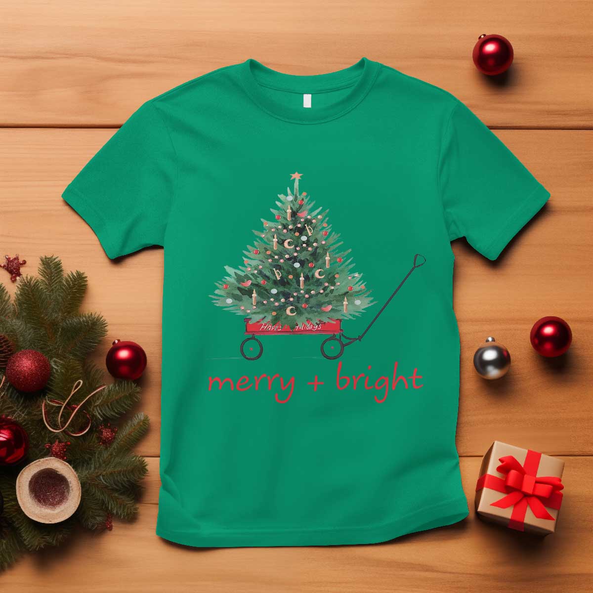 Christmas T Shirt Merry And Bright Retro Xmas Tree Wagon TS11 Irish Green Print Your Wear