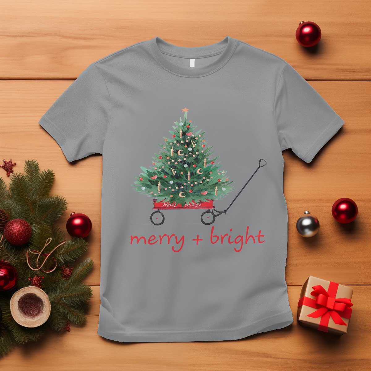 Christmas T Shirt Merry And Bright Retro Xmas Tree Wagon TS11 Sport Gray Print Your Wear