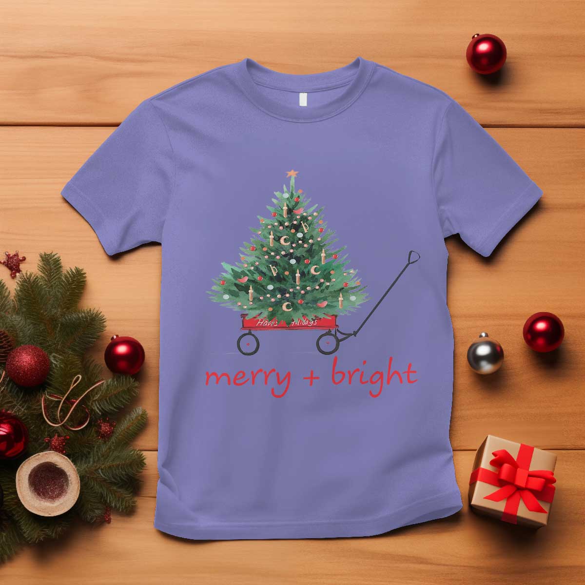 Christmas T Shirt Merry And Bright Retro Xmas Tree Wagon TS11 Violet Print Your Wear
