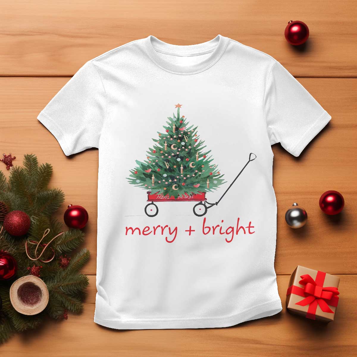 Christmas T Shirt Merry And Bright Retro Xmas Tree Wagon TS11 White Print Your Wear