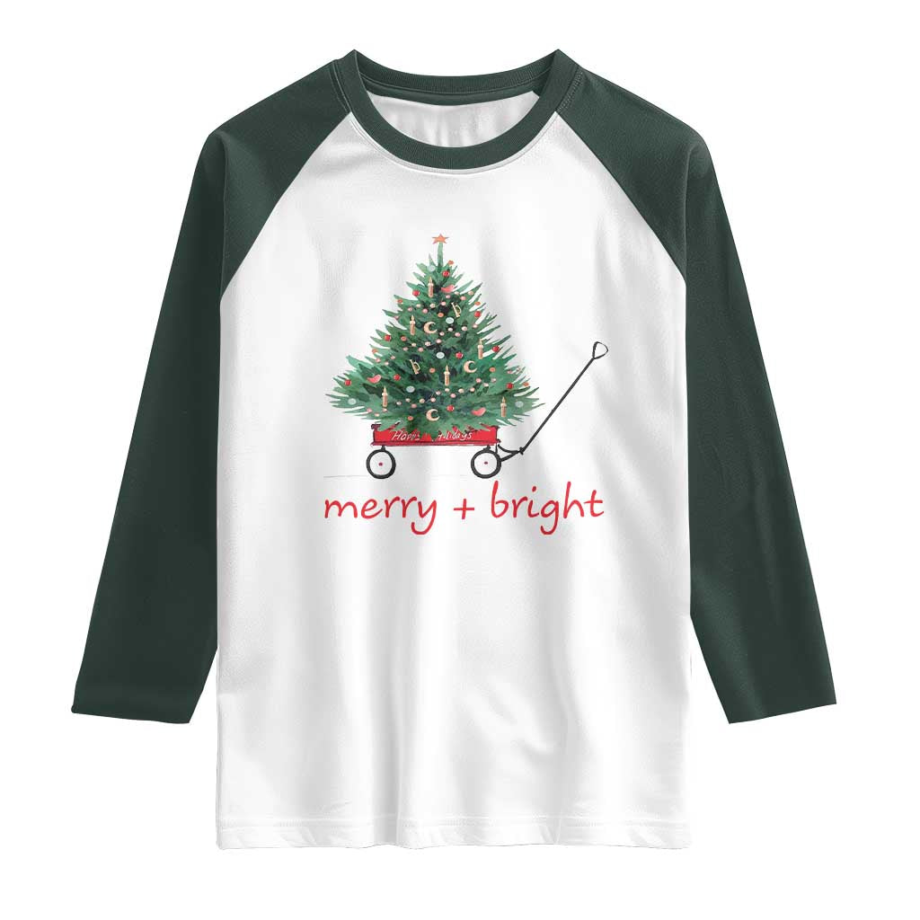 Christmas Raglan Shirt Merry And Bright Retro Xmas Tree Wagon TS11 White Dark Forest Green Print Your Wear