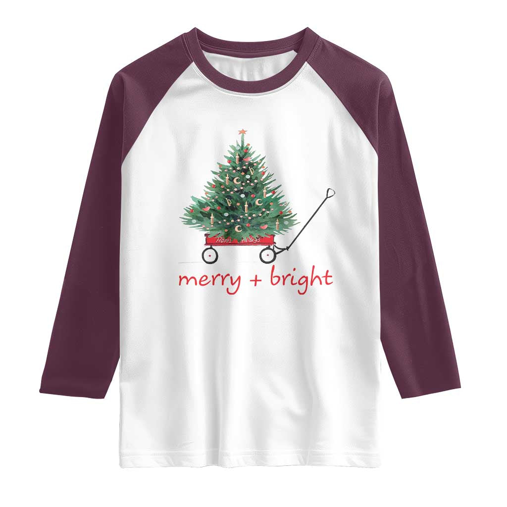 Christmas Raglan Shirt Merry And Bright Retro Xmas Tree Wagon TS11 White Maroon Print Your Wear