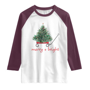 Christmas Raglan Shirt Merry And Bright Retro Xmas Tree Wagon TS11 White Maroon Print Your Wear