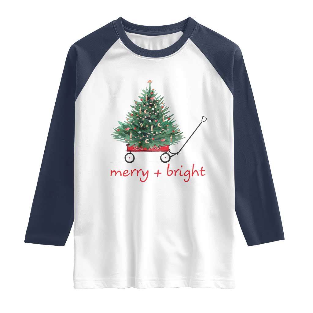 Christmas Raglan Shirt Merry And Bright Retro Xmas Tree Wagon TS11 White Navy Print Your Wear